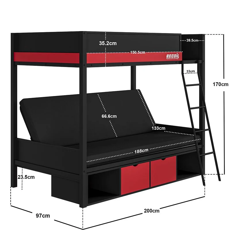 Recoil Nova Storage Gaming Metal Bunk with Futon Black & Red image 7