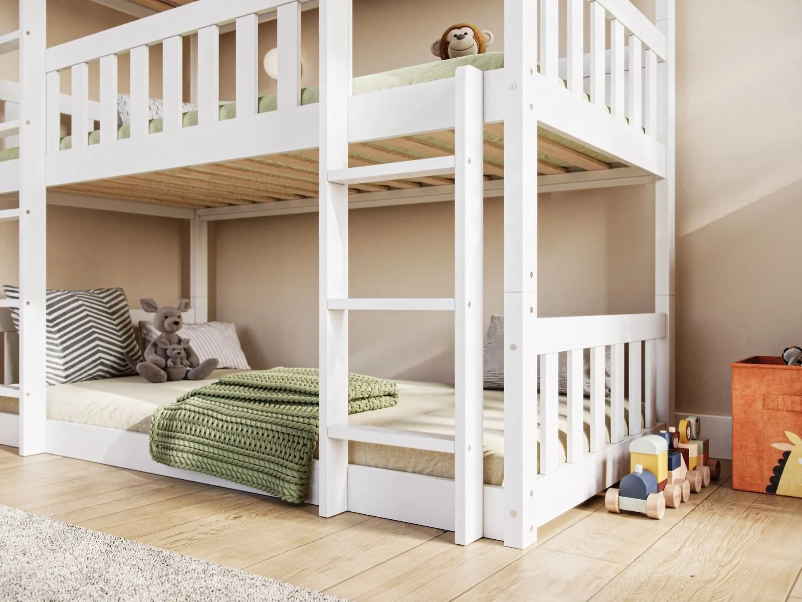 Grey wooden triple bunk bed with three single sleeping spaces