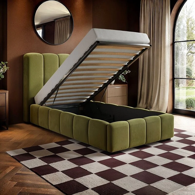 SOLACE+CO Emilie Single Ribbed Ottoman Bed Green Velvet image 2