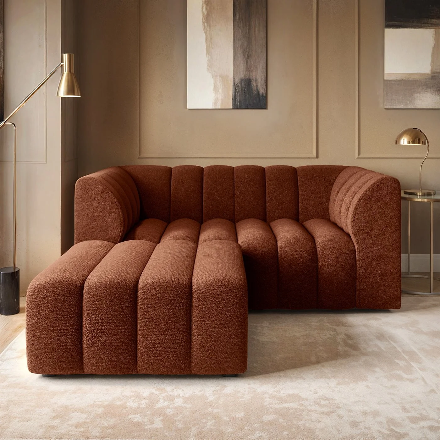 SOLACE+CO Halle Channel Tufted 2 Seater Sofa with Footstool Burnt Orange Chenille image 2