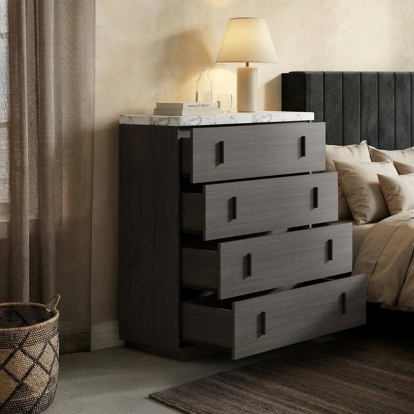 SOLACE+CO Marcel Walnut Chest of 4 Drawers with Marble Effect Top image 3