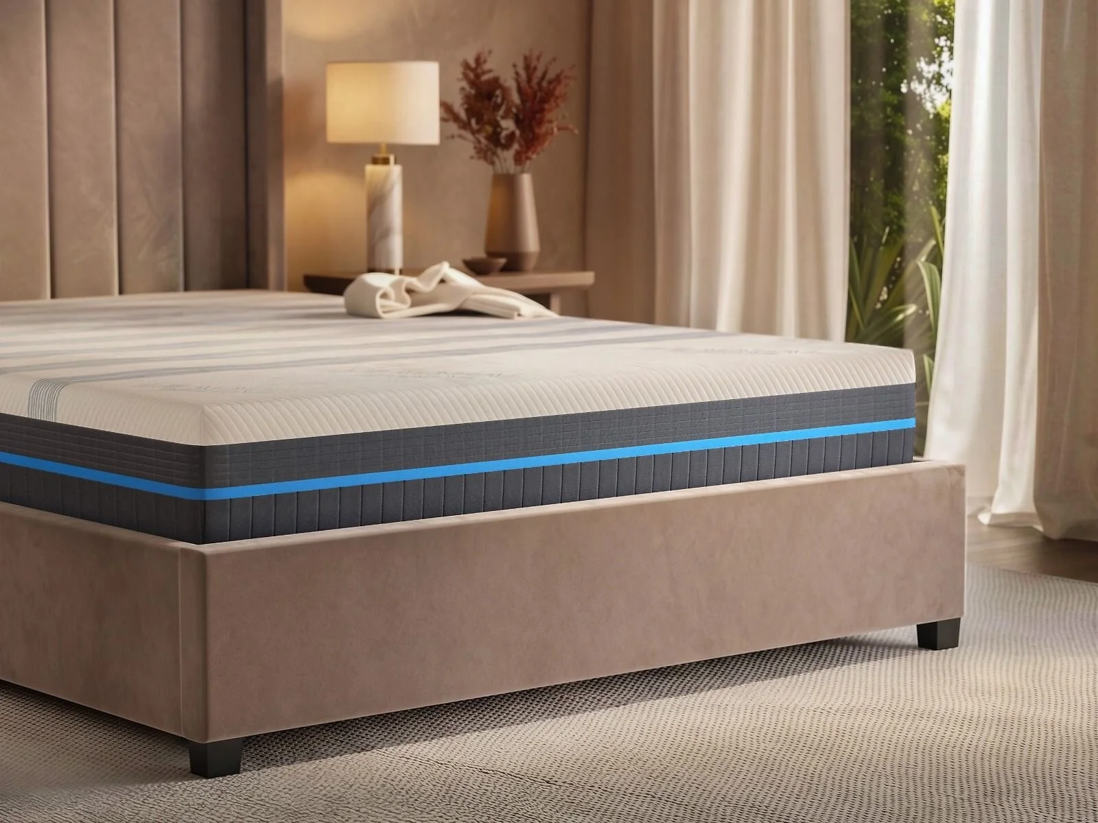 SOLACE+CO Cool Gel Eco foam mattress with white SEAQUAL cover and blue wave stripes