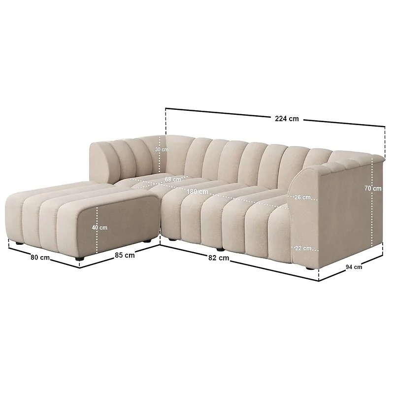SOLACE+CO Halle Channel Tufted 3 Seater Sofa with Footstool Beige Chenille image 5
