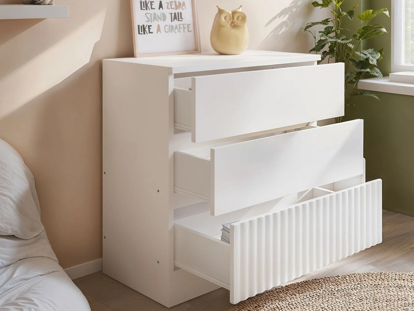 Flair Luca 3 Drawer Chest of Drawers with drawer open showing storage space