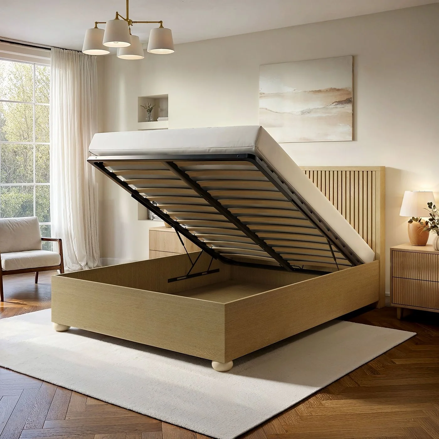 SOLACE+CO Theo Ribbed Ottoman Bed Light Oak Effect image 2