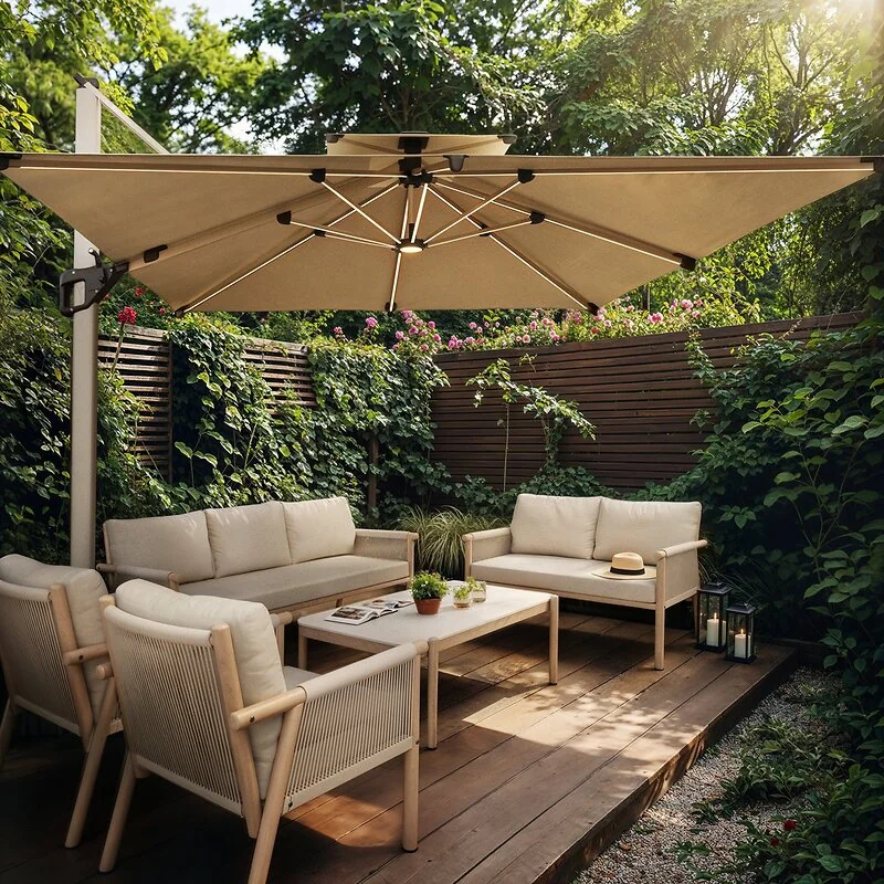 SOLACE+CO Soleil 3m Square Garden Parasol with Solar LED Lights Beige image 5