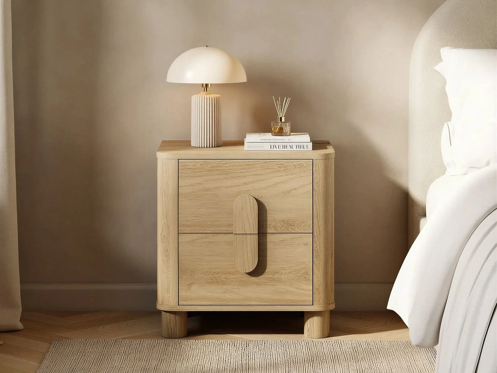 SOLACE+CO Remington curved 2 drawer bedside table in oak effect in a neutral bedroom