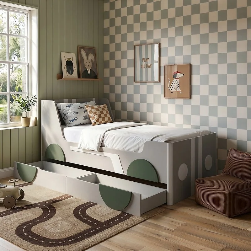 Flair Cooper Single Car Bed with Drawers Grey & Green image 2