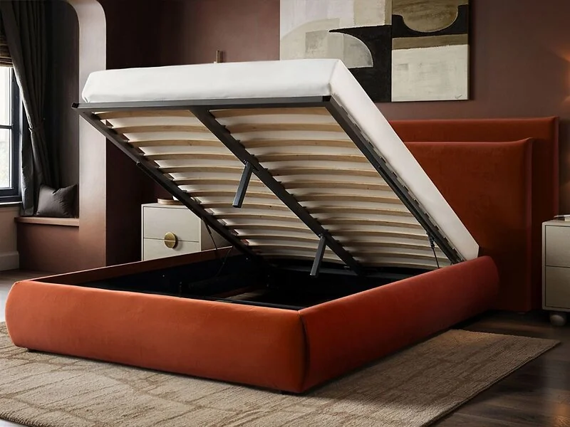 SOLACE+CO Sigrid chocolate velvet ottoman storage bed - opened ottoman