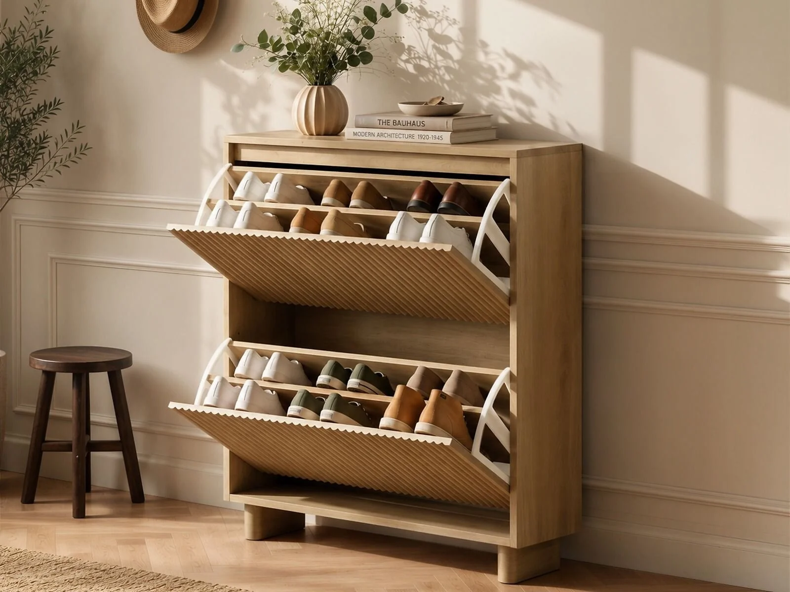 SOLACE+CO Velmor Slim Ribbed Shoe Cabinet with 2 Flip Drawers – view 3