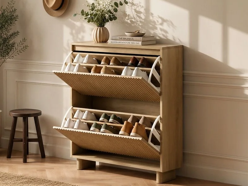 SOLACE+CO Velmor Slim Ribbed Shoe Cabinet with 2 Flip Drawers – view 3