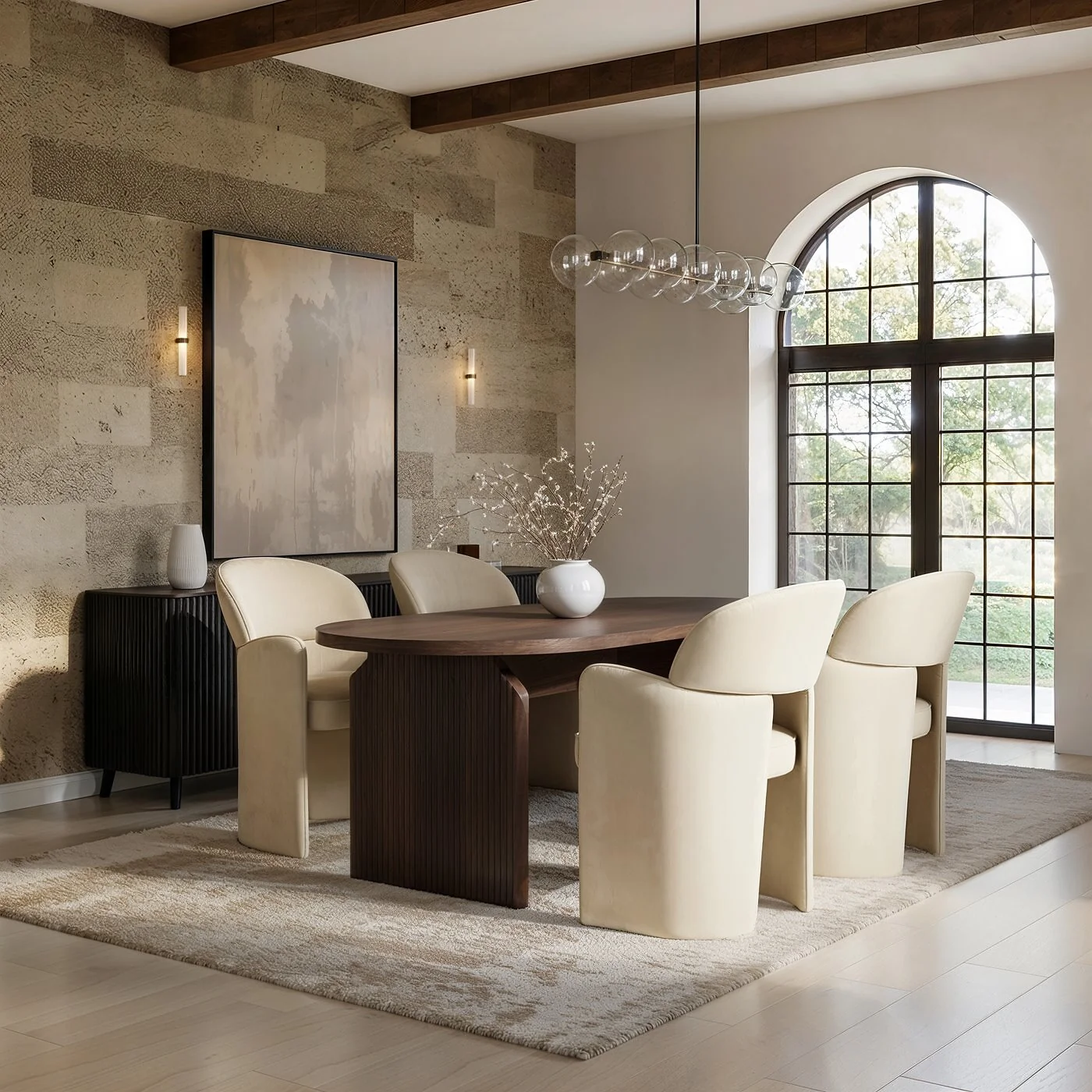 SOLACE+CO Varm & Estella Dining Walnut Table with Velvet Chairs Beige image 2