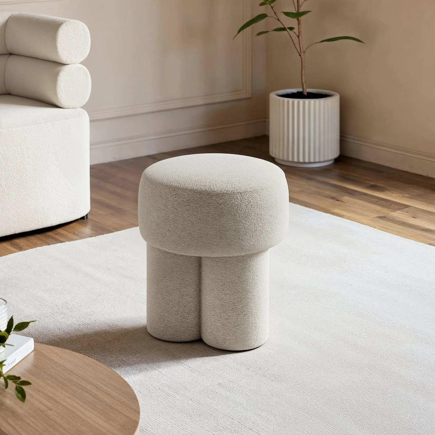 SOLACE+CO Ferro High Round Pouffe Beige Sherpa Fleece image 2