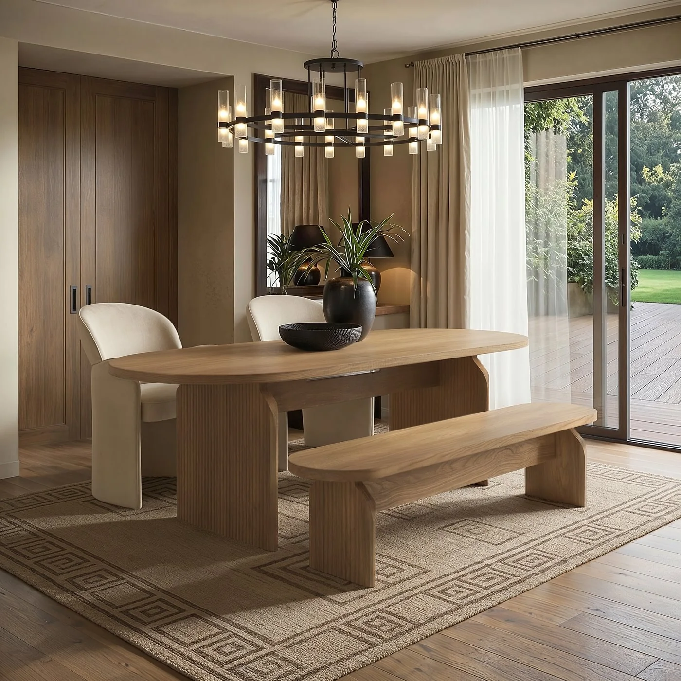 SOLACE+CO Varm & Estella Extendable Dining Table with Velvet Chairs & Bench Beige image 3