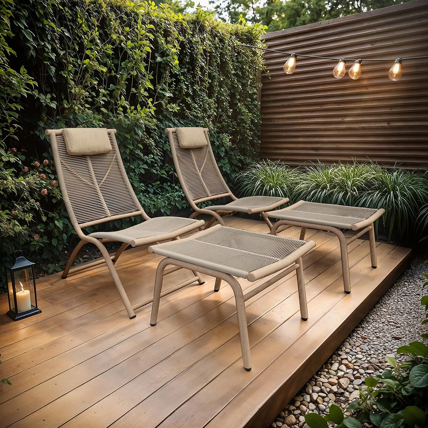 SOLACE+CO Esen Set of 2 Garden Lounge Chair with Footstool Beige