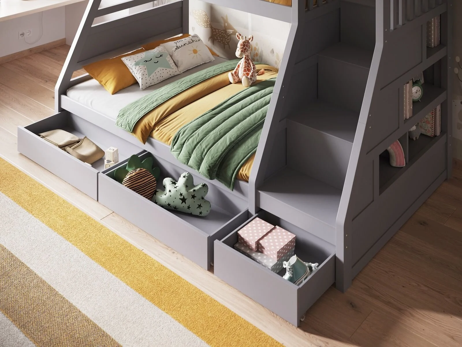 Kids triple sleeper bunk bed with underbed storage
