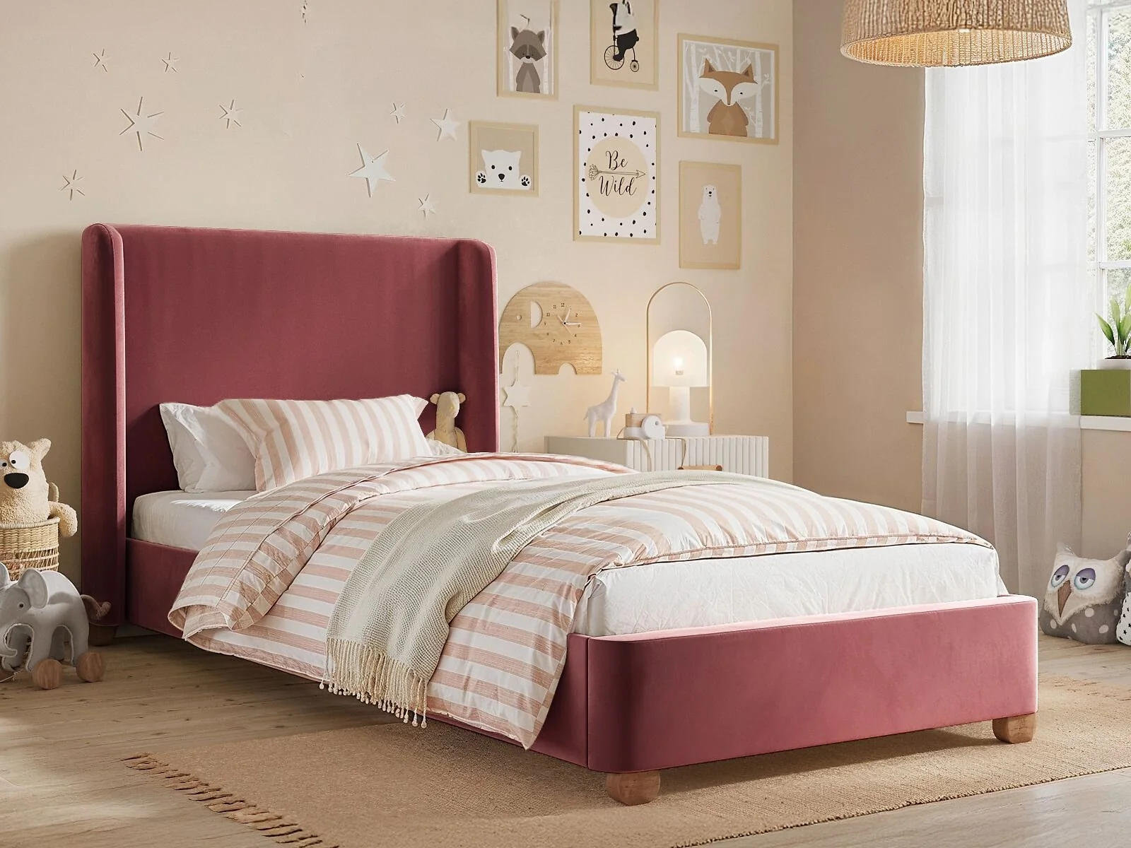 Flair Alma single upholstered bed with winged headboard in pink velvet