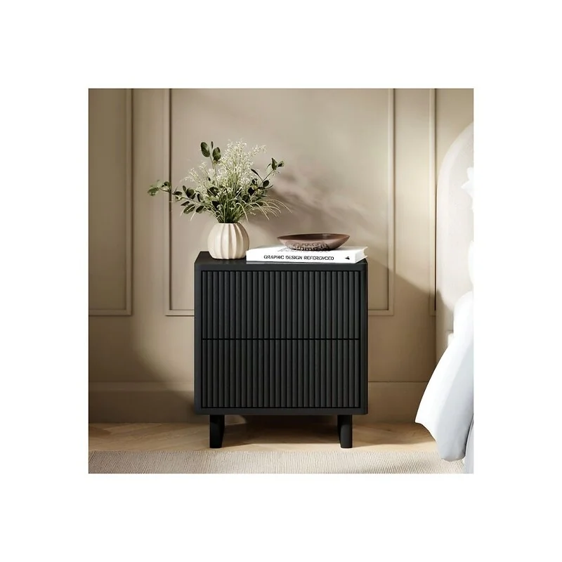 SOLACE+CO Velmor 2 Drawer Ribbed Bedside Table Black image 2