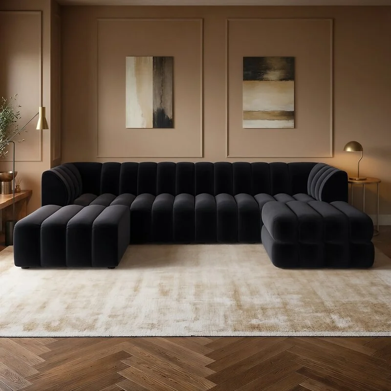 SOLACE+CO Halle Channel Tufted U Shaped Modular Sofa with Storage Footstool