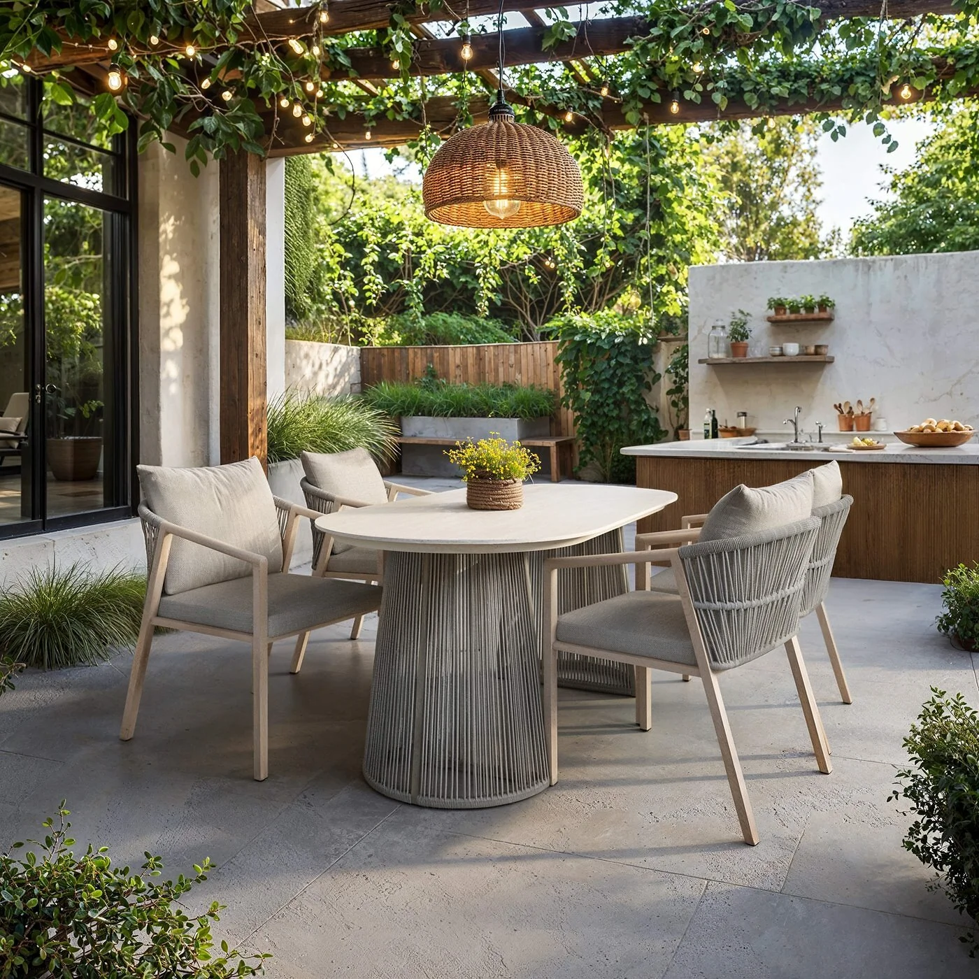 SOLACE+CO Hana Oval Garden Dining Table Beige with Lynden Chairs Set of 4 Beige Rattan