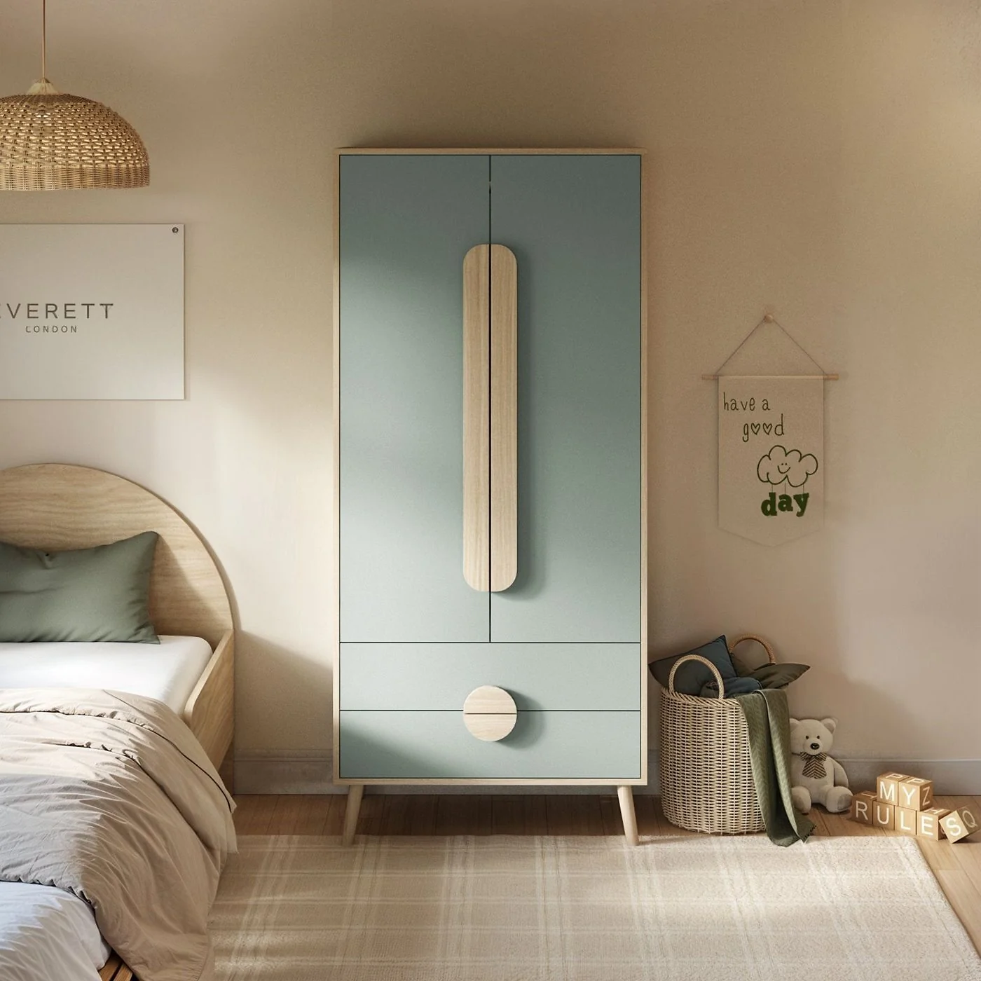 Flair Noah 2 Drawer Wardrobe Sage Green and Oak image 2