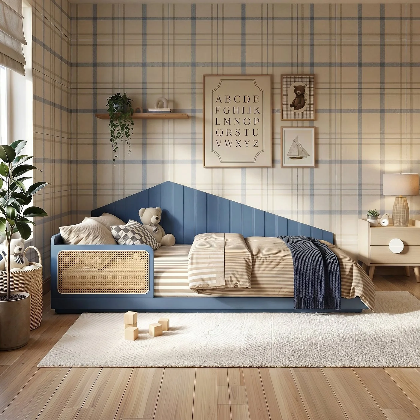 Flair Carter Small Double Montessori Bed with Rattan Panels Navy