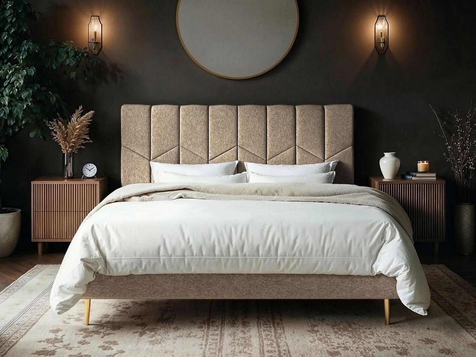 Isabela Beige chevron bed with Chenille upholstery