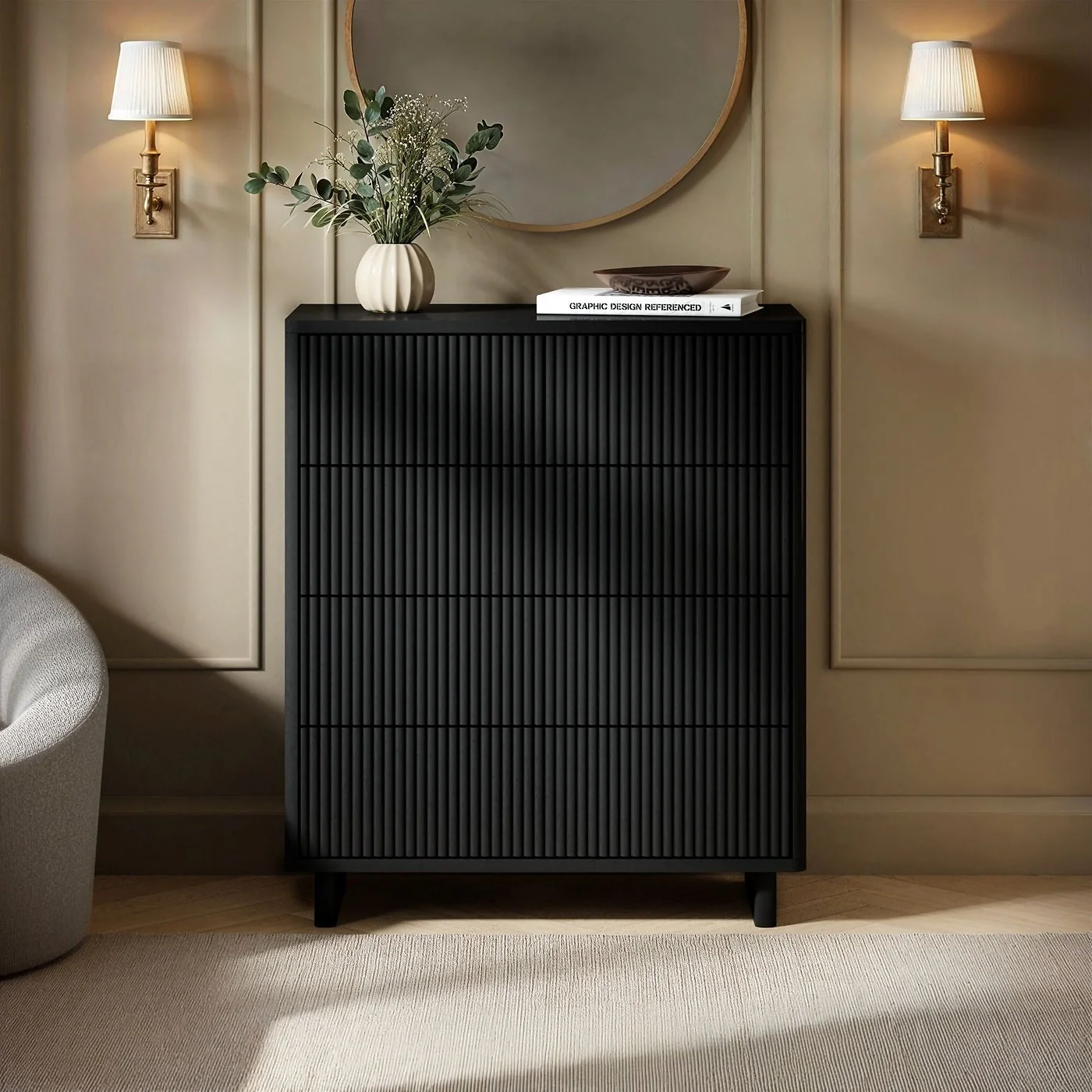 SOLACE+CO Velmor Ribbed Chest of 5 Drawers Black
