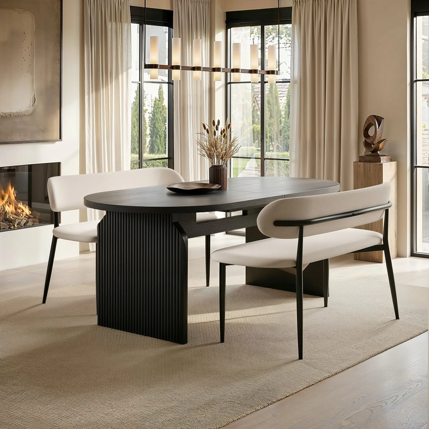 SOLACE+CO Varm & Cyra Black Extending Dining Table Set with 2 Beige Chenille Benches