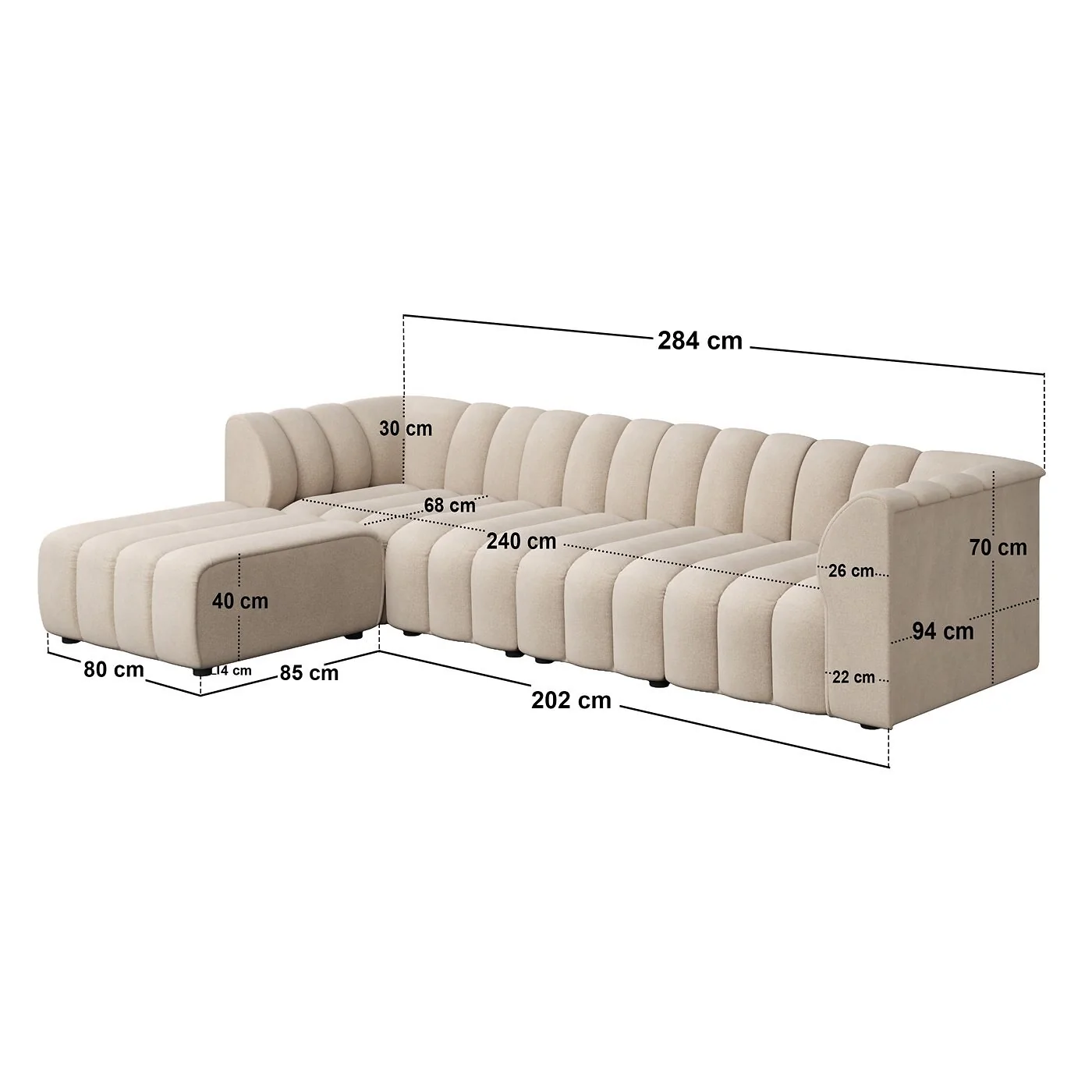 SOLACE+CO Halle Channel Tufted 4 Seater Modular Sofa with Reversible Footstool Beige Chenille image 5
