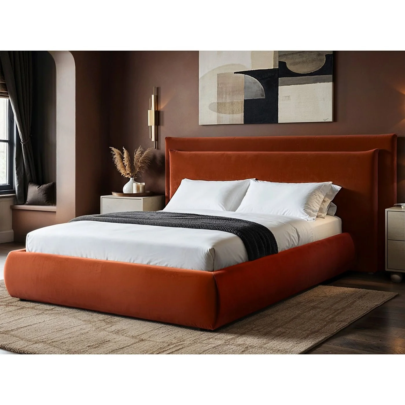 SOLACE+CO Sigrid Ottoman Storage Bed with Cushion Headboard Burnt Orange Velvet