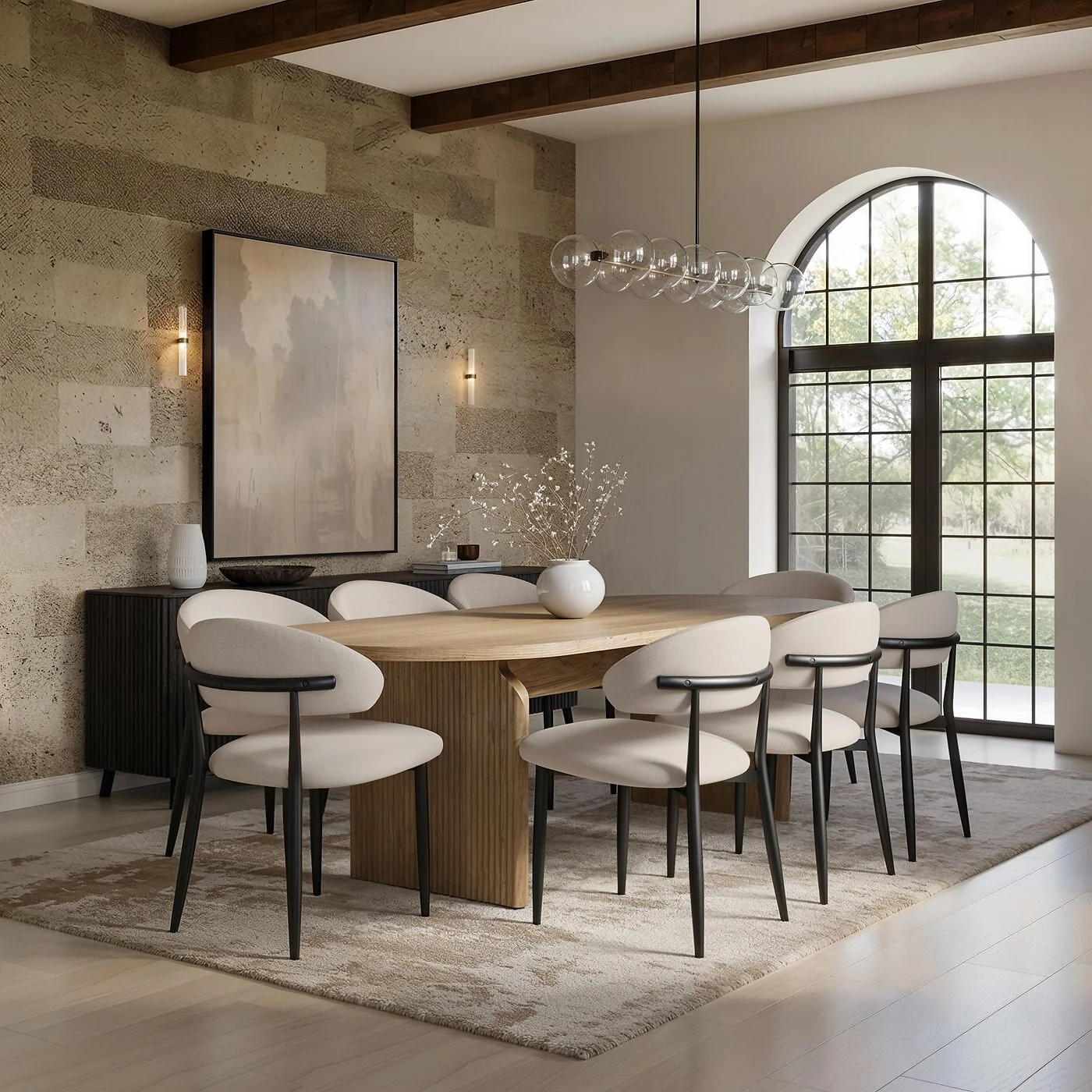SOLACE+CO Varm & Cyra 4 to 8 Seater Oak Extending Dining Table Set with Beige Chenille Chairs