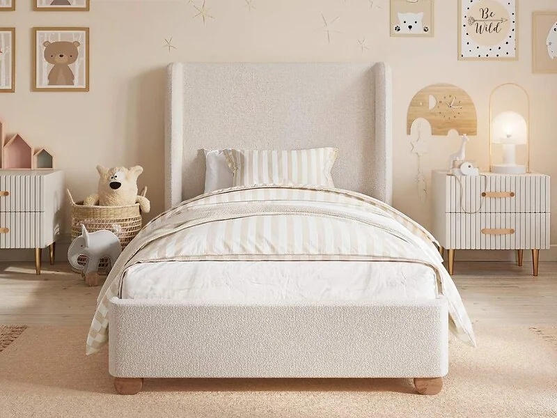 Flair Alma single upholstered bed with winged headboard in beige boucle - front view