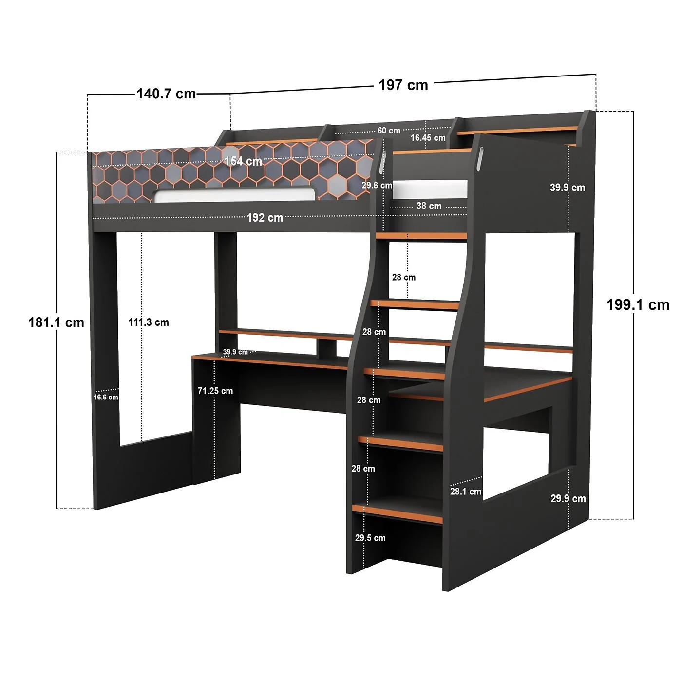 Recoil Ultimate Lumi Gaming High Sleeper with Desk Charcoal & Orange image 6