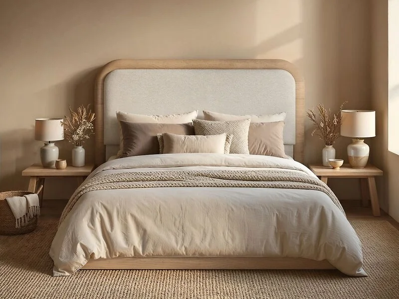 Cream upholstered bed with padded headboard and wood base detail. A modern low profile bed frame designed for comfort and style.