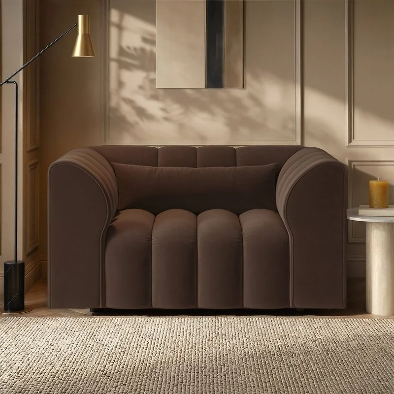 SOLACE+CO Halle Channel Tufted Loveseat with Storage Footstool Brown Velvet image 3