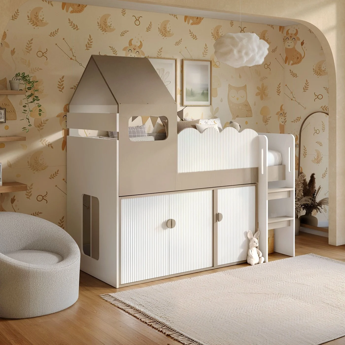 Flair Calista Ribbed House Mid Sleeper Bed with Storage White & Taupe