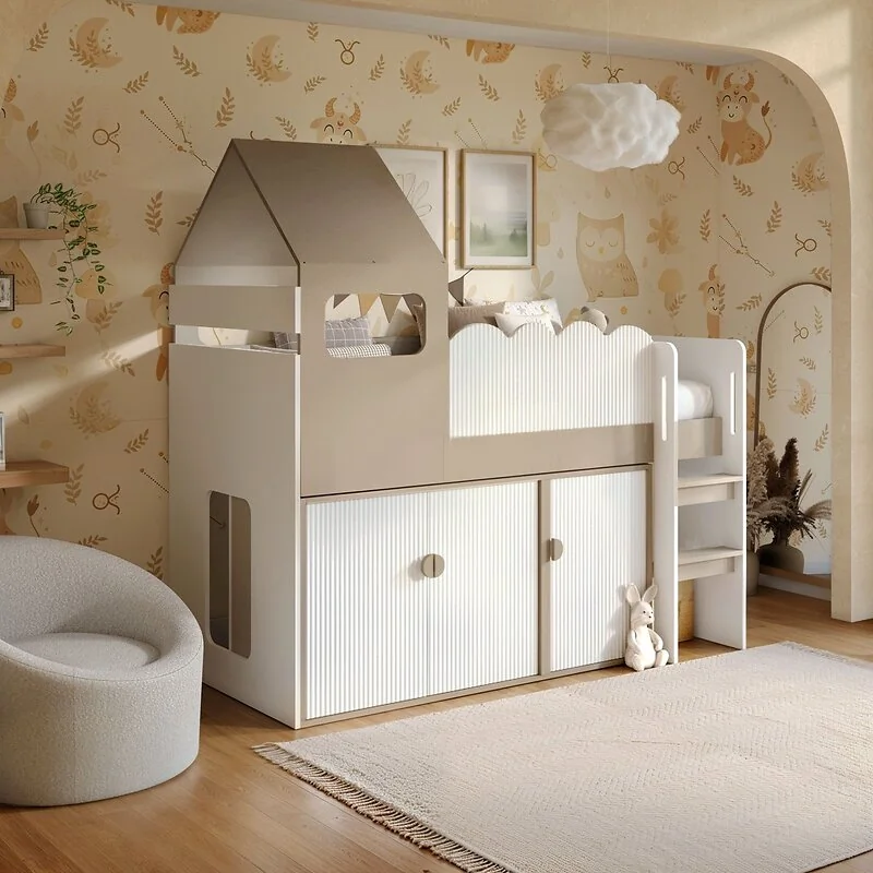 Flair Calista Ribbed House Mid Sleeper Bed with Storage White & Taupe