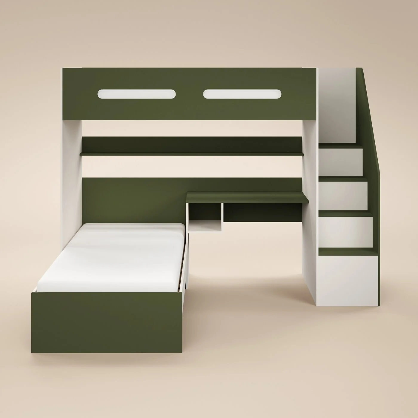 Flair Alpha Staircase L Shaped Bunk Bed with Desk Green & Beige image 4