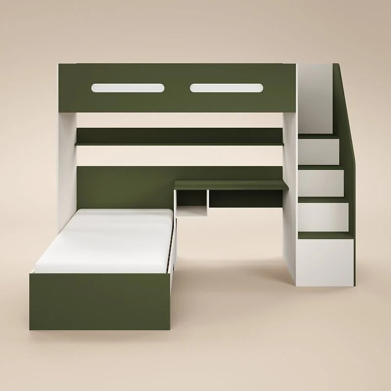 Flair Alpha Staircase L Shaped Bunk Bed with Desk Green & Beige image 4
