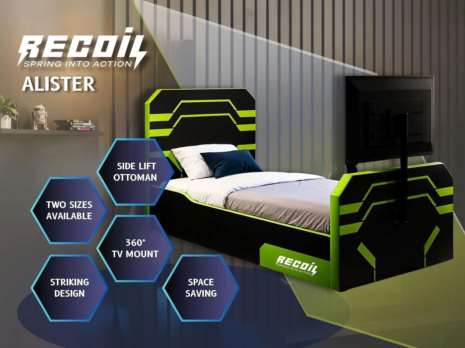 Recoil Alister Side Lift TV Ottoman Gaming Bed Black & Green – view 6