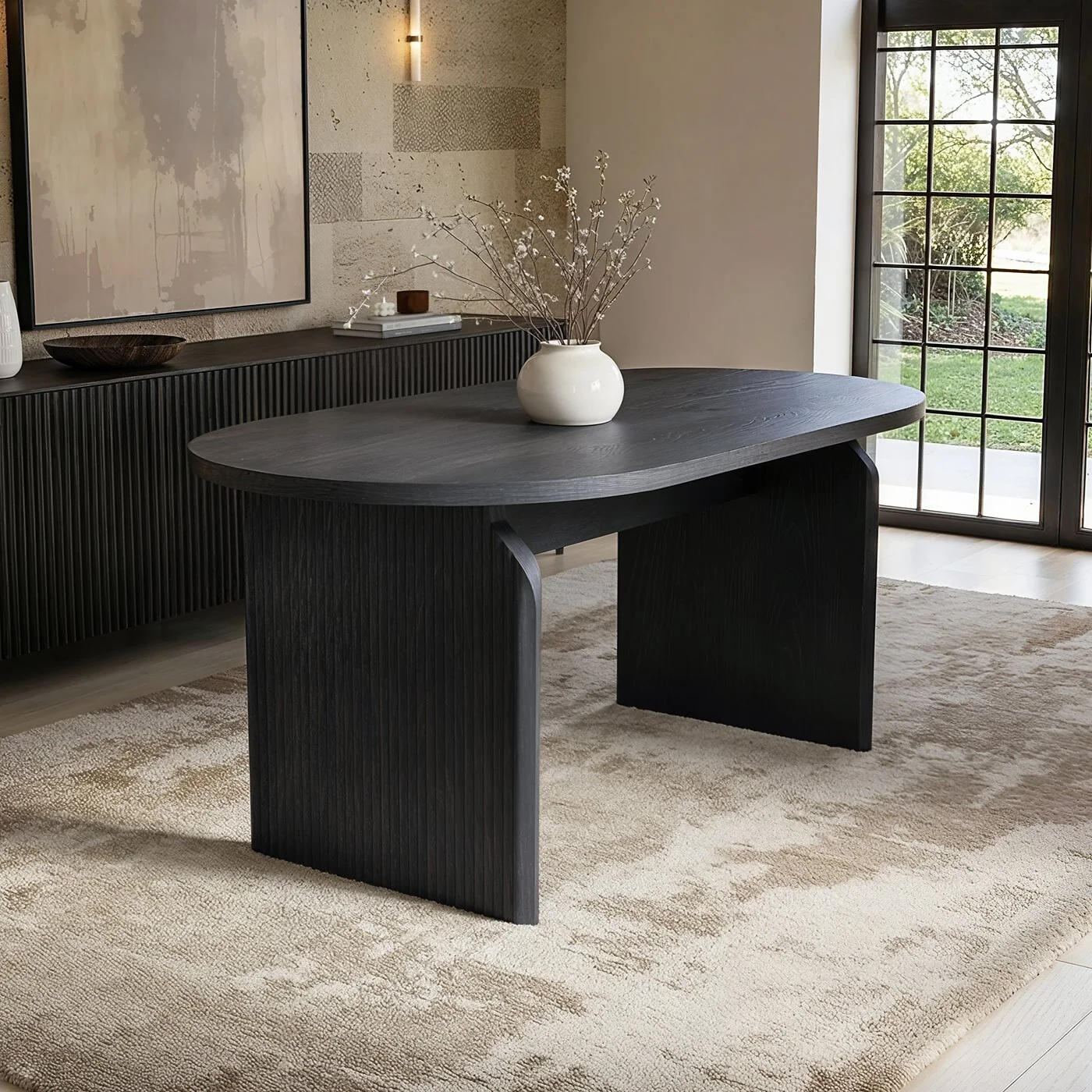 SOLACE+CO Varm Wood Effect Ribbed Oval Dining Table