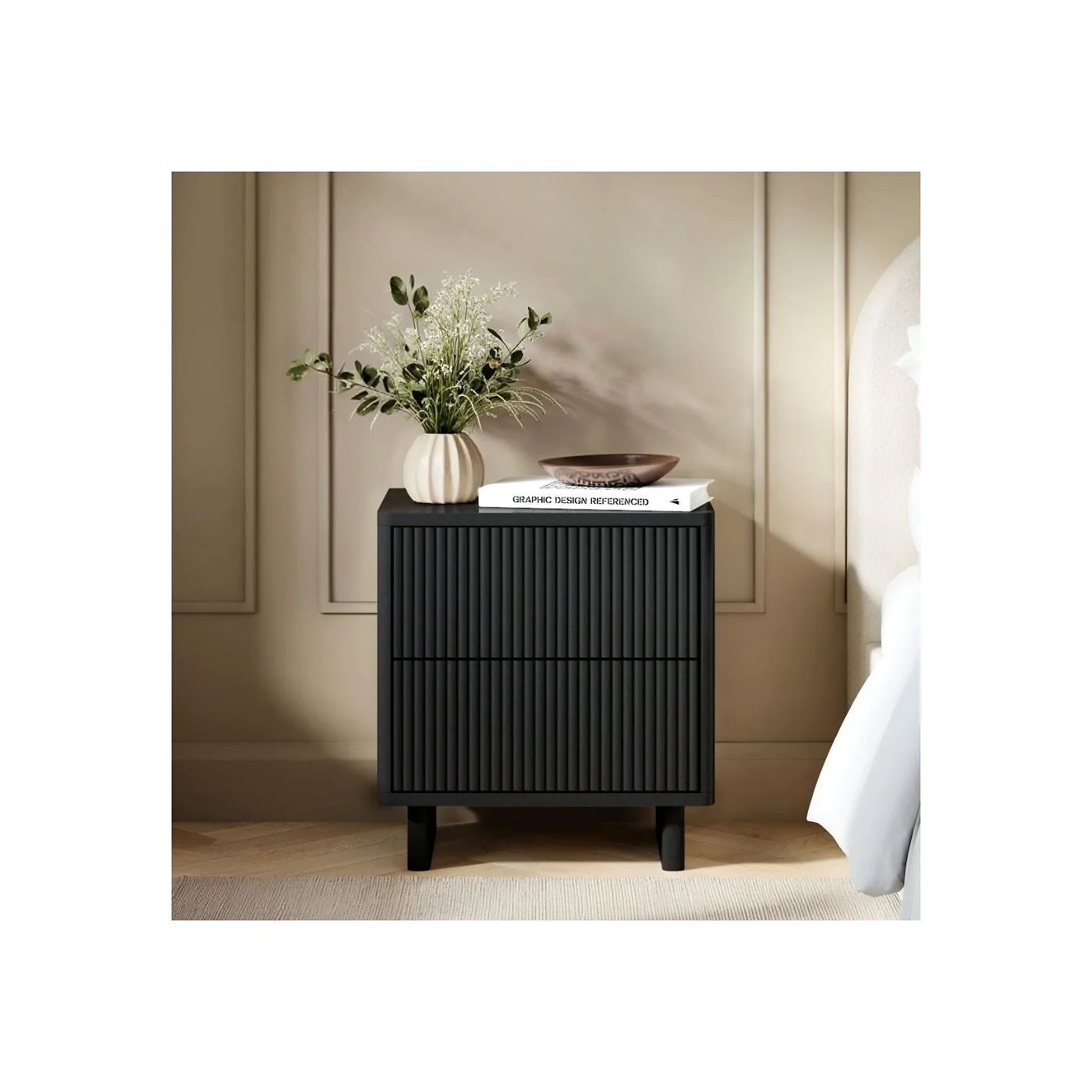 SOLACE+CO Velmor 2 Drawer Ribbed Bedside Table Black