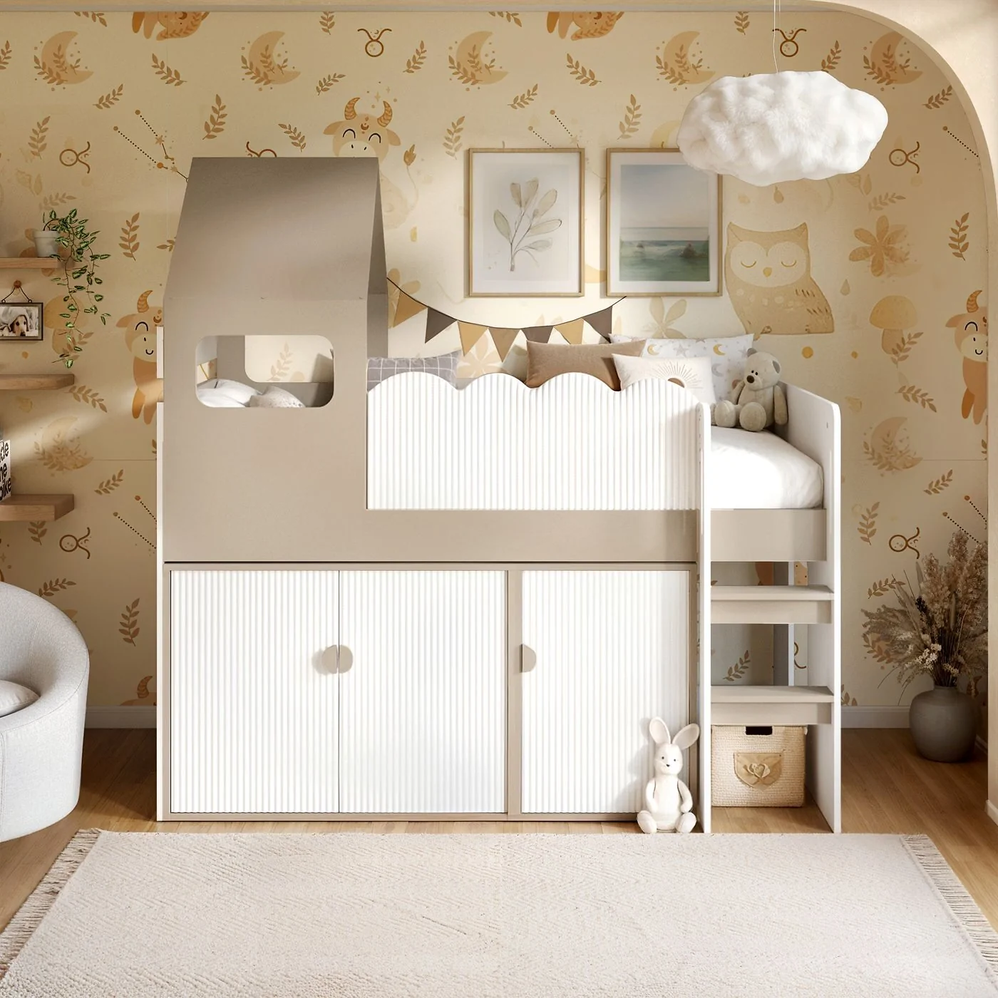Flair Calista Ribbed House Mid Sleeper Bed with Storage White & Taupe image 2