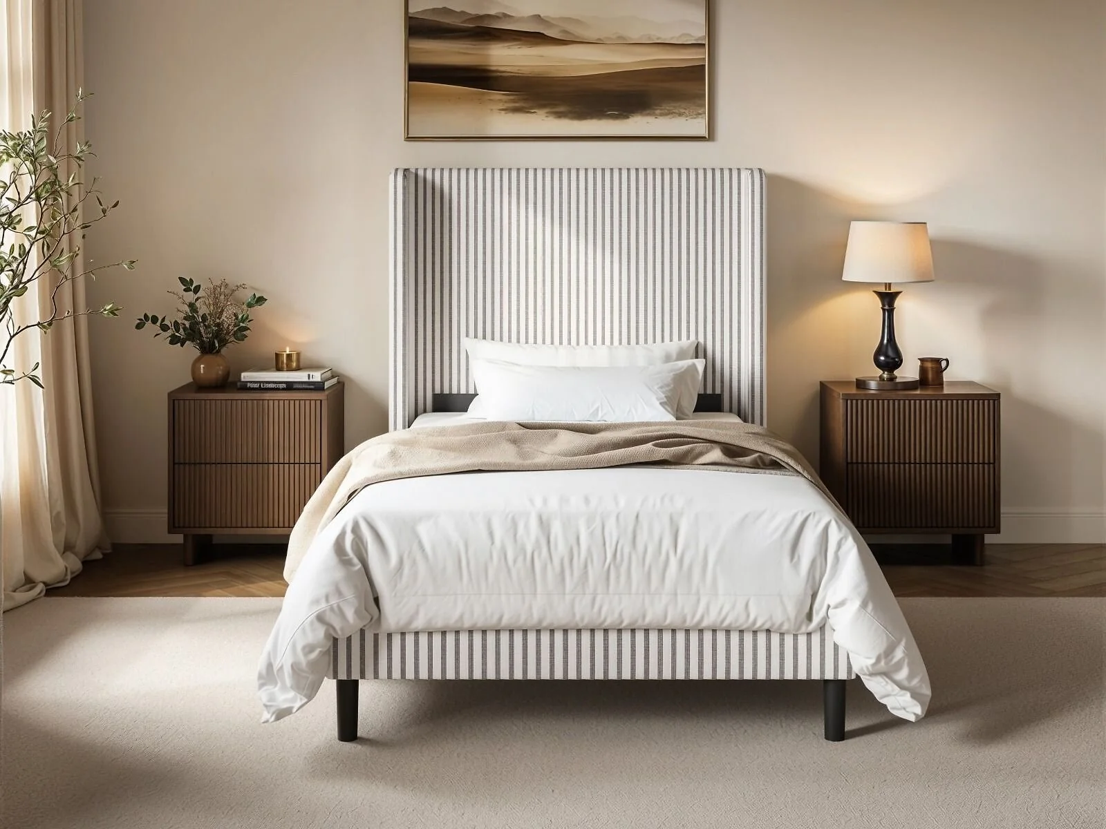 SOLACE+CO Jovanna cream and brown stripe bed - front view