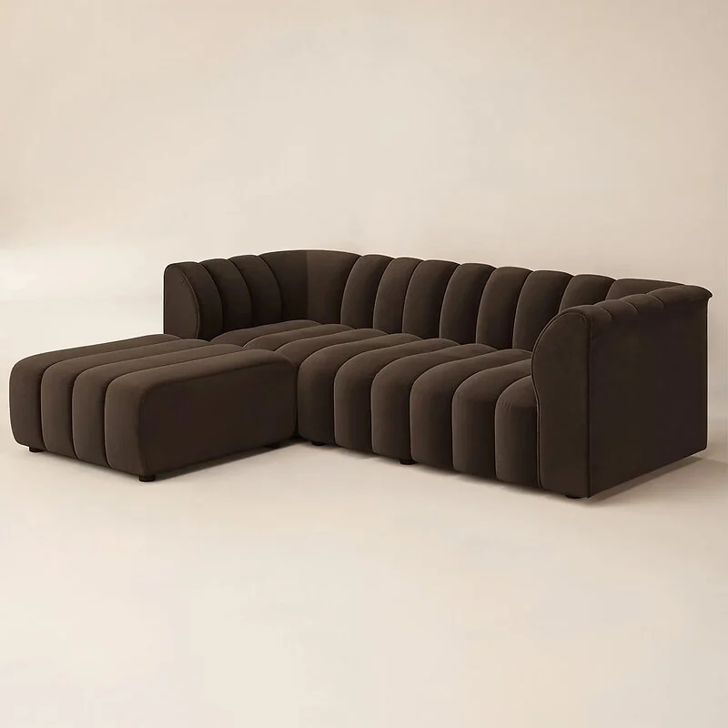 SOLACE+CO Halle Channel Tufted 3 Seater Sofa with Footstool Brown Velvet image 3