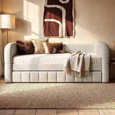 Flair Livia Day Bed with Trundle Cream Chenille
