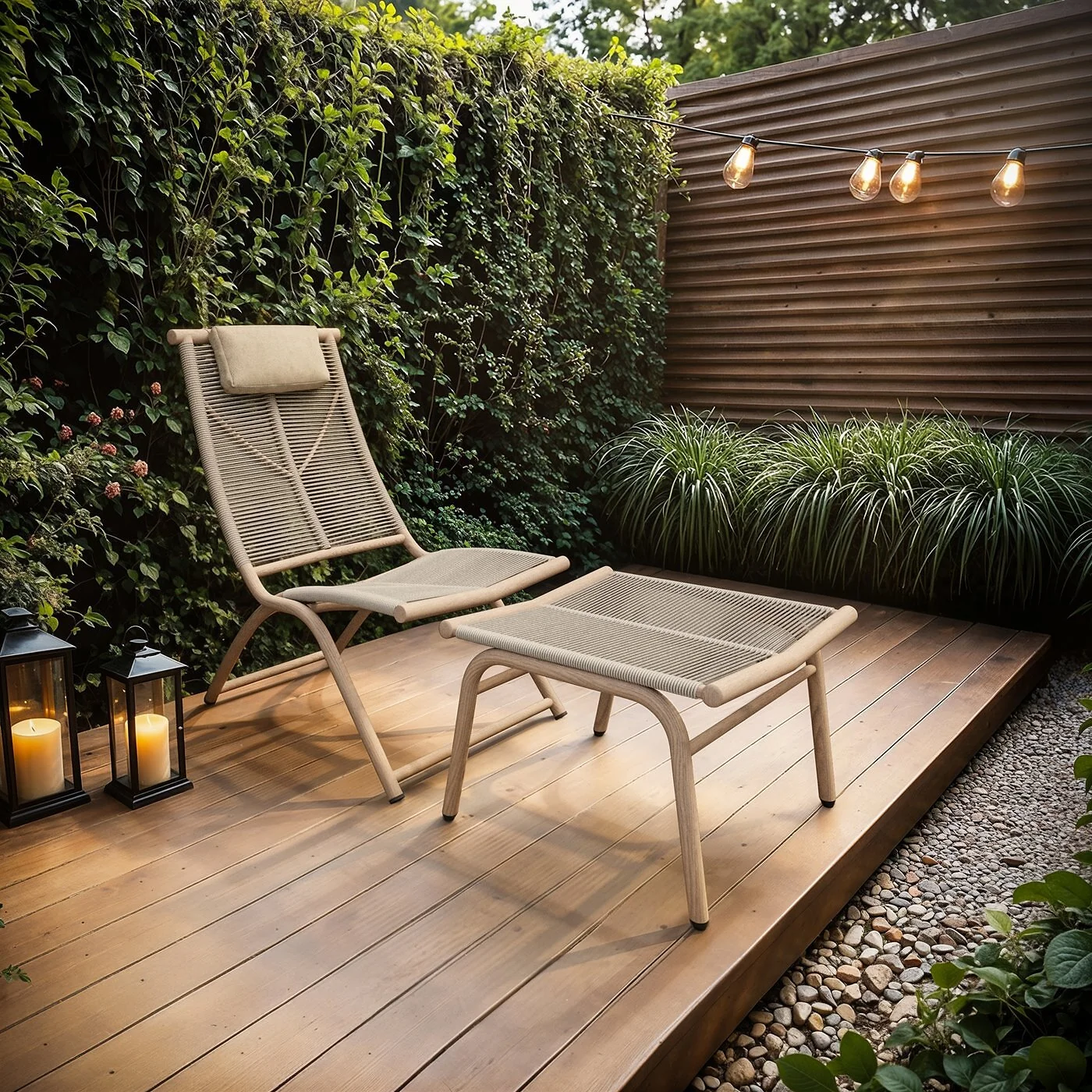 SOLACE+CO Esen Set of 2 Garden Lounge Chair with Footstool Beige image 2