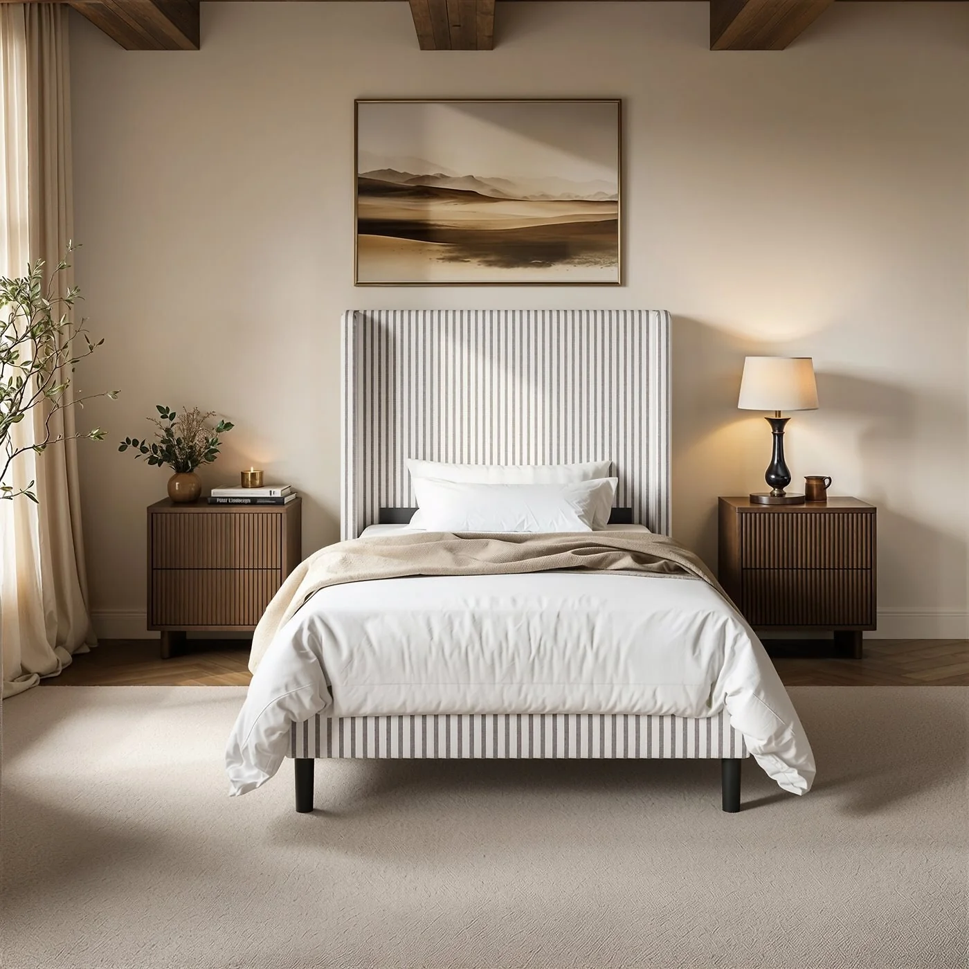 SOLACE+CO Jovanna Striped Bed with Winged Headboard Woven Fabric Brown image 5