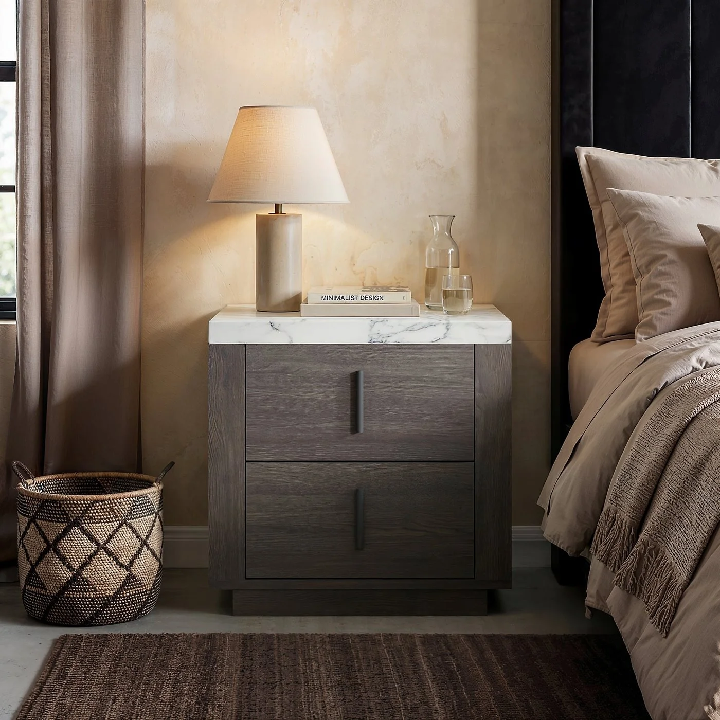 SOLACE+CO Marcel Walnut Bedside Table with Marble Effect Top